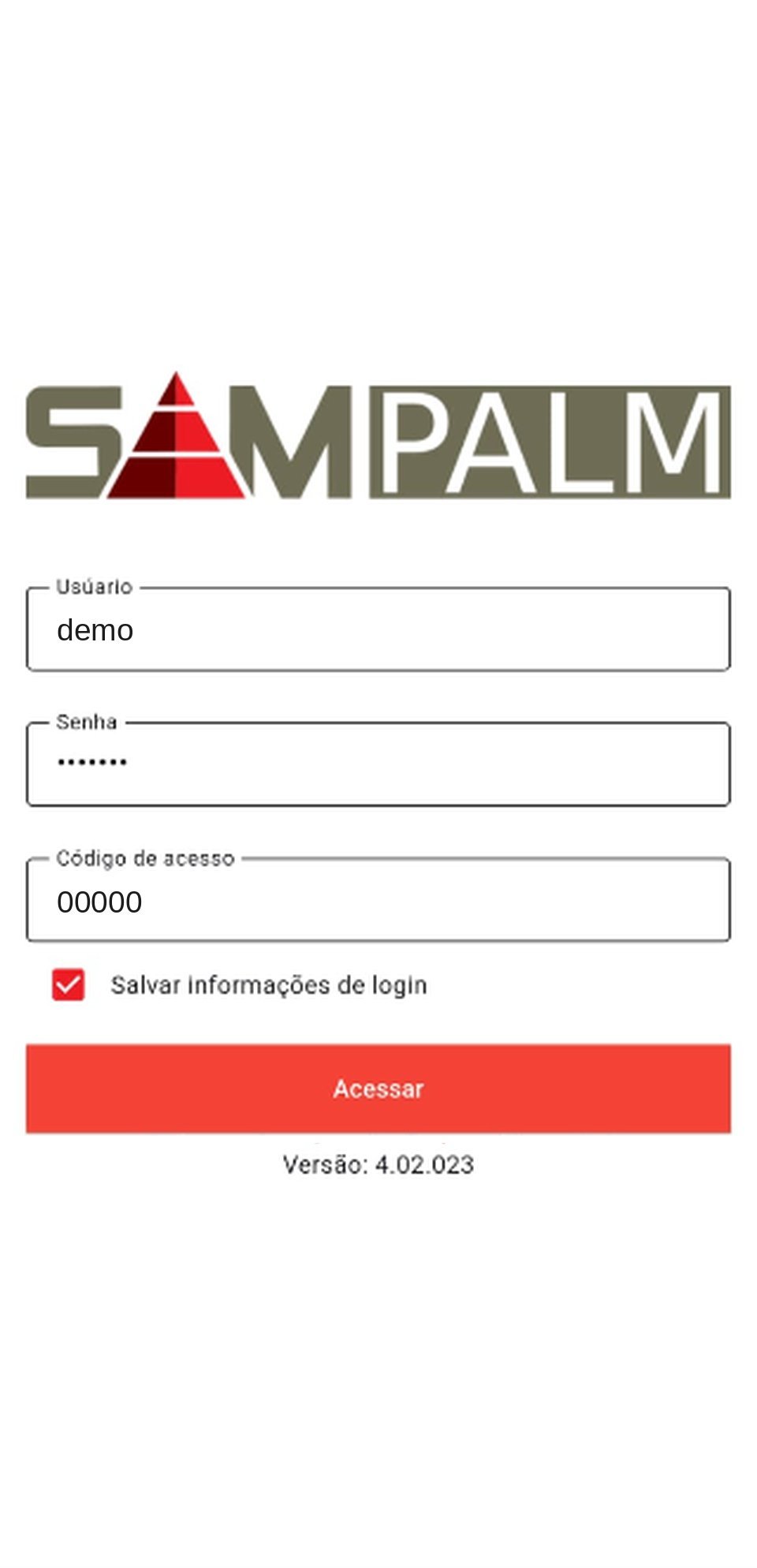 Tela de login do SAMPalm no celular